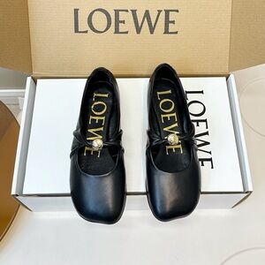 Loewe Black Leather Ballet Flats Gold Button Strap Minimal Designer Shoes